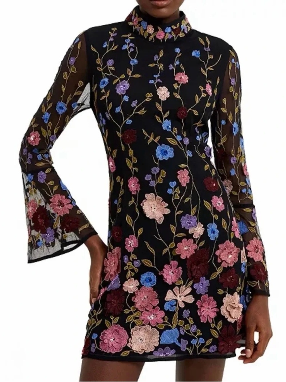 French Connection Black Mini Dress with Multicolored Floral Embroidery